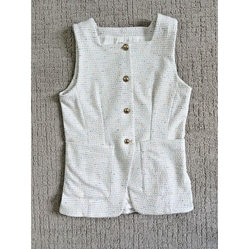 Anthropologie Maeve XL White Tweed Boucle Vest Square Neck Gold Button Women’s.